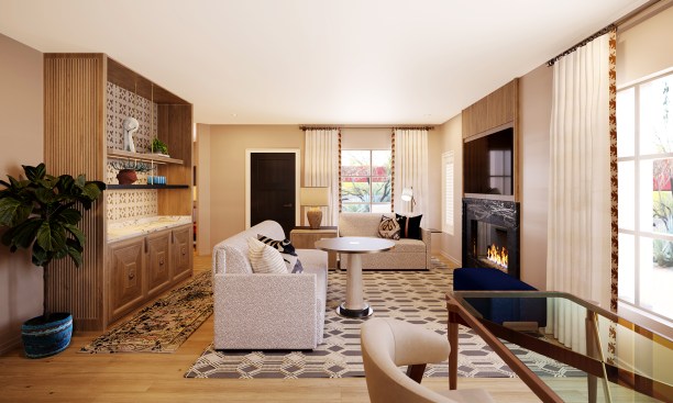 A rendering of the bathroom in the one-bedroom villa at the Privado Villas