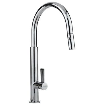 Franke’s FF2700 single-lever pull-down faucet touts an arced spout and slender spray head that together mesh with contemporary, modern, or transitional kitchen aesthetics. Dual-jet spray technology, a retractable nylon hose with push-button activation, and a ribbed handle add elements of functionality while a ceramic cartridge limits leakage. The faucet is available in chrome and satin nickel. Franke. 800.626.5771. 
www.franke.com.