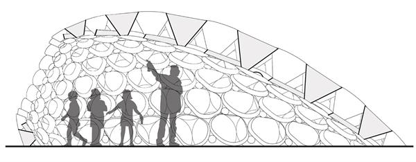 This section shows the relationship between the height of the pavilion and the height of the average visitor, an important consideration in designing a public space. By requiring visitors to step up and over a threshold to enter the space?and by sloping down to meet the ground at the rear of the structure?the pavilion creates a series of carefully framed views for people of different statures, both through the entry and through the apertures in the metal cones.
