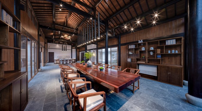 The through type timber frame are reserved and reinforced by steel structure