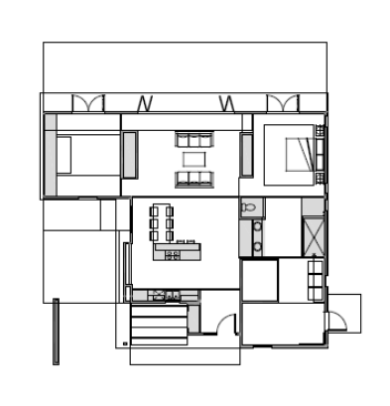 The ProjeKt home contains seven prefab cartridges (highlighted above in gray) that hold the guts of the house including kitchen and bathroom plumbing, mechanical systems, and an indoor living garden wall.