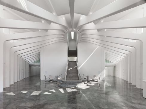 White concrete ribs establish a clear structural rhythm within the school building. 