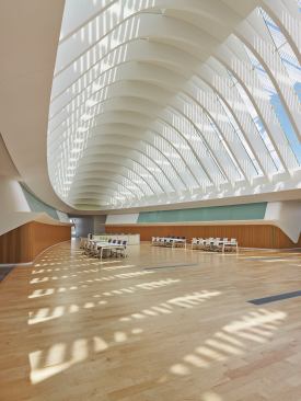 The 11,000-square-foot, multipurpose Commons room: a multipurpose library and study space with a soaring ceiling.