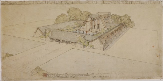 Rosenwald Foundation School (La Jolla, California). Unbuilt Project. 1928. Pencil and color pencil on tracing paper. 12 3/4 x 25 7/8” (32.4 x 65.7 cm)