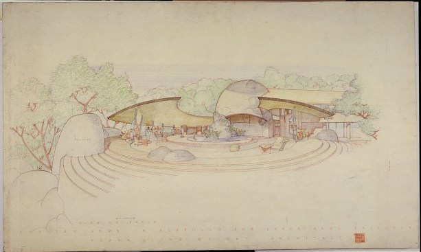 Raul Bailleres House (Acapulco, Mexico). Unbuilt Project. 1952. Brown ink, pencil and color pencil on tracing paper