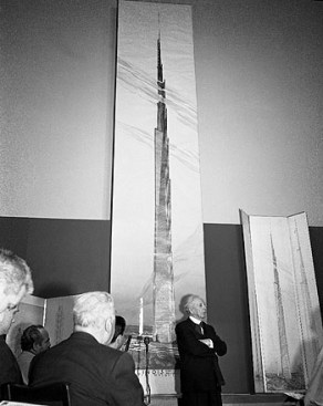 Press conference unveiling The Mile-High Illinois (Chicago, Illinois). Unbuilt Project. 1956. The Frank Lloyd Wright Foundation Archives