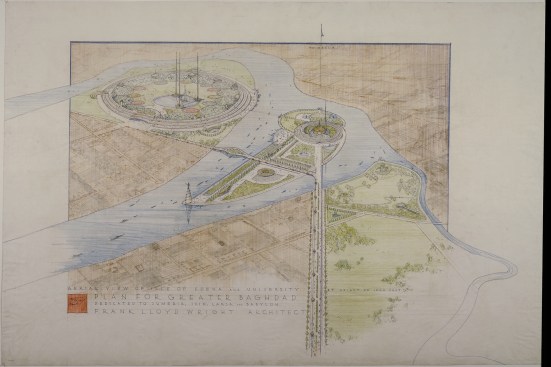 Plan for Greater Baghdad. Unbuilt project. 1957-58. 34 7/8 × 52″ (88.6 × 132.1 cm). The Frank Lloyd Wright Foundation Archives