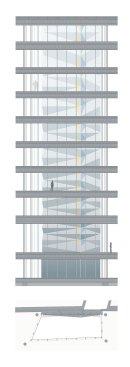Elevation (top) and plan (bottom) of "Folded Light" show how the installation sits in the building's air shaft.