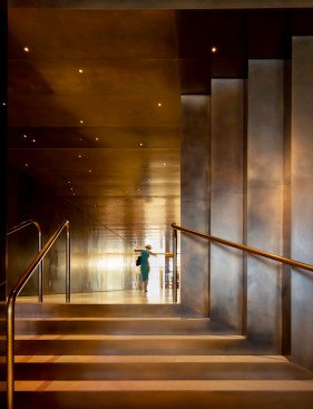 Tunnel entry from bar showing miniature point lights lighting floor, Four Seasons Restaurant, New York