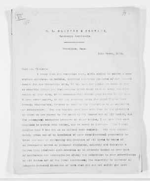 Letter (transcript), Frederick Law Olmsted to Rudolph Ulrich, March 11, 1983, regarding the World's Columbian Exposition, or World's Fair, in Chicago