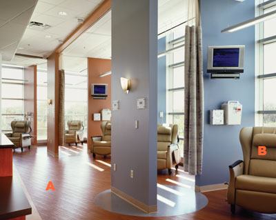 A-Oak Collection sheet vinyl flooring  Teknoflor 
teknoflor.com Anti-static, anti-fungal, and anti-microbial flooring system  • No waxing or buffing necessary  • Sheet vinyl product with realistic wood grain patterning  • Utilizes nano silver technology  • Six-layer construction, including a clear wear layer  • Available in four colorways  B-Serenity II treatment chair  Nemschoff 
nemschoff.com Head and footrest operate independently  • Controls can be operated by patient or caregiver  • Chair goes from upright to fully reclined  • Spring seat construction  • Optional 5-inch casters with front brake for easy mobility  • Can be upholstered in performance fabric, vinyl, or PVC-free polyurethane  • Optional I.V. rod