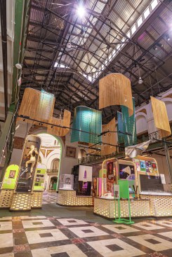 MycoComposite mycelium bricks by Ecovative Design on display at the Smithsonian 'Futures' exhibition in Washington, D.C. The biobricks were incorporated into the exhibition design.