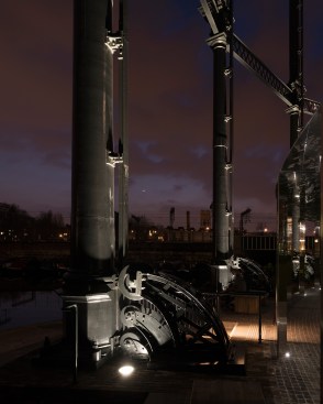 A closeup of the in-ground uplight at the Gasholder structure.