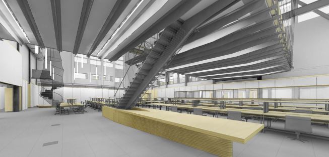 Studio set up with group work areas.