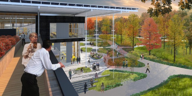 View of the Eco-Commons from the rooftop garden topping the auditorium