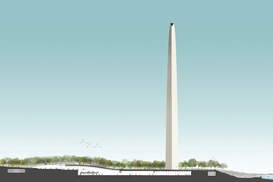 The ceiling curvature and structure of the new museum extension allows for a direct connection to the existing exhibition space directly below the St. Louis Arch
