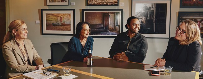 A GDI meeting with (from left to right) Nathalie Beauvais, Patti Seitz, Harvard professor and former Boston Society of Architects board member Stephen Gray, and Gretchen Rabinkin