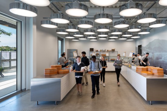 Food service area, with reclaimed light fixtures from renovated space 