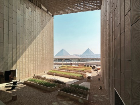 The top level of the stepped galleries offers a view of the Giza Necropolis.