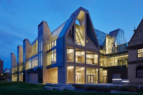 Exterior view from northwest at dusk