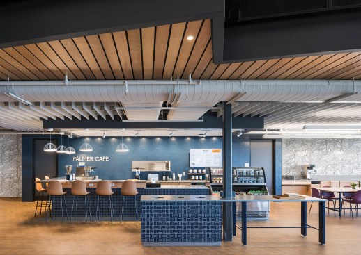 The center’s café boasts a stainless steel bar top. 