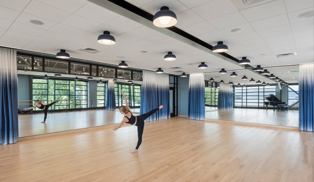 The dance studio features a white-maple sprung floor. 