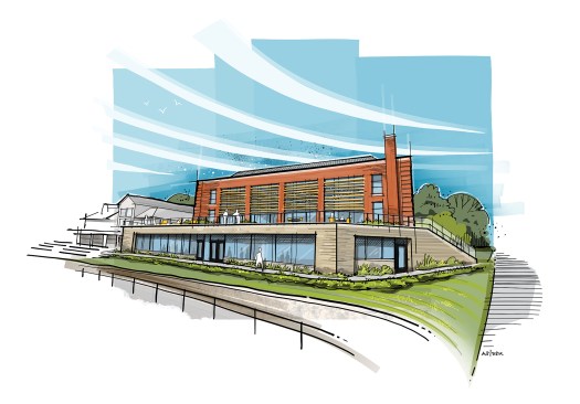 A sketch of the Grayson Student Center, complete with louvers over the windows to minimize solar gain. 