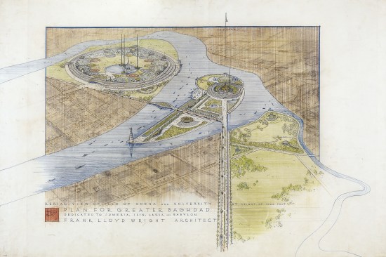 Frank Lloyd Wright (American, 1867–1959). Plan for Greater Baghdad, Baghdad. Project, 1957. Aerial perspective of the cultural center and University from the north. Ink, pencil, and colored pencil on tracing paper, 34 7/8 x 52″ (88.6 x 132.1 cm).