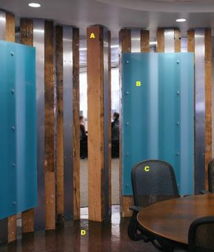 A  Recycled timbers TerraMai 
www.terramai.com Reclaimed wood from structures slated for demolition  Raw stock is carefully selected, all metal is removed, and the wood is then milled  Milling is done with band saws to minimize waste  Beams are finished with hand planes or four-sided molders 
B  EcoResin panels 3Form 
www.3-form.com Contains 40 percent postindustrial recycled material  Copolyester sheet product that has 40 times the impact strength of glass  Chemical resistant and Greenguard Indoor Air Quality certified 
C  Chadwick chairs Knoll 
www.knoll.com Injection-molded frame, arms, and base  Ergonomic  Active suspension with tilt tension  Variable seat depth  Nine standard upholstery options  Armed and armless options  Arms are both height and width adjustable 
D  Cork flooring Expanko 
www.expanko.com Natural and renewable product  High-performence and durable flooring material  Resilient to most wear and tear, making it suitable for high-traffic areas  Variety of finish and sealing options