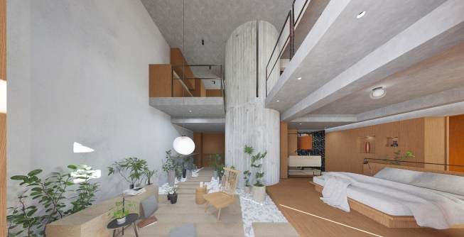 New Office Works designed the Haikou Apartment in China with the private spaces (master bedroom and bathroom) on the ground floor and the public spaces (living room and kitchen) on the second floor, all connected by a concrete spiral staircase.