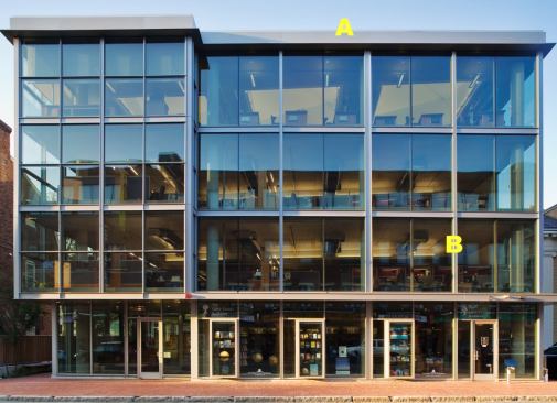 A  SBS-modified bituminous 20/30 paradiene elastomeric roof coating Siplast 
www.siplast-international.com Two-layer, colored, selffinished waterproofing system  • SBS elastomeric bitumen binder reportedly resists cracking and weathering  • Glass reinforcements give extra dimensional stability  • Puncture resistant  • For concrete, metal, timber, or plywood roof decks and under gravel on inaccessible roofs or on concrete decks 
B  7500 Series curtain wall Kawneer 
www.kawneer.com ISOWEB thermal break  • Can accommodate a variety of infills, up to triple-glazed insulating glass units  • Painted finishes with twocolor design options  • Pressure-equalized for rain screen design  • 4-inch standard mullion depth  • 2.5-inch profile  • U factor up to 0.17 BTU/ hour degrees F  • Door adapters and operable windows available