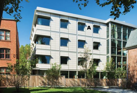 A  TerrArt terra-cotta rainscreen NBK Ceramic 
www.nbk.de Suspended facade construction with rear ventilation  • Available in large, mid, shingle, solid, and baguette panels, as well as special shapes, useful for corners and undulating elevations  • Kit of parts has 15 components to ensure proper alignment and concealment of substructure