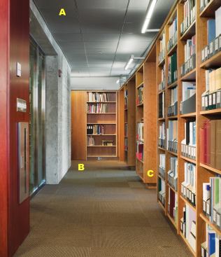 A  Metallo II ceiling and wall system finish Decoustics 
www.decoustics.com Acoustically transparent  • Metallic effect in certain lighting conditions  • Color can be matched to paint or Pantone (whites and light colors not available)  • Largest recommended panel is 48 inches by 72 inches  • Applied to face and extruded aluminum edging  • Suitable for flat, shaped, or 2-D precurved panels  • Applied at factory  • Class A flame spread 
B  Ducks in a Row modular carpet tile Shaw Contract 
www.shawcontractgroup.com 100 percent Eco Solution Q premium branded nylon protective treatments  • Antistatic with soil and FlorSept antimicrobial protection  • 24-inch-square tiles  • 1/10 gauge  • 17-ounce face weight  • 38.4 percent postindustrial recycled content  • ASTM E-648 flooring radiant panel class I flammability rating  • Part of Green with Envy collection 
C  ApplePly plywood States Industries 
www.statesind.com Veneer core constructed from uniform laminations of 1/16-inch alder and birch sheets  • Comes in widths from &frac14; to 1&frac14; inches and 8- and 10-foot lengths  • Ultraviolet-cured finishes include clear, translucent, opaque, and patterned  • Four colors available  • Machines without tearing