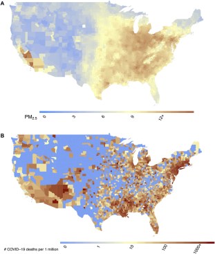 National maps of historical PM2.5 concentrations and COVID-19 deaths. (A) County-level 17-year long-term average of PM2.5 concentrations (2000–2016) in μg/m3; (B) County-level number of COVID-19 deaths per 1 million people up to and including 18 June 2020.