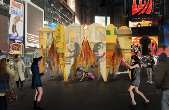 The site is also supposed to interact with the surrounding environment, acting as a mirror for the activity in Times Square.
