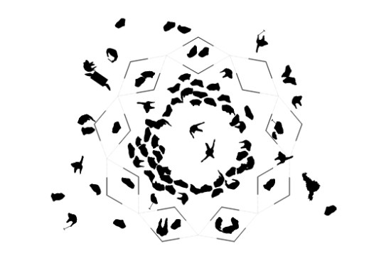 A plan illustrating how visitors can publicly interact within the ring of the installation in a "dance off," or privately in the "kissing booths."