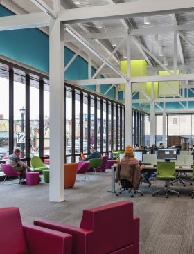 Communal seating area along the east facade