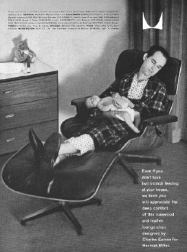 A vintage Herman Miller advertisement showing a father and son in an Eames Lounge Chair.