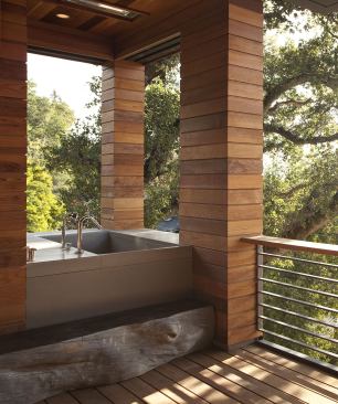 The tree trunk step next to the hot tub was salvaged by Marshall, Calif., wood expert Evan Shively.