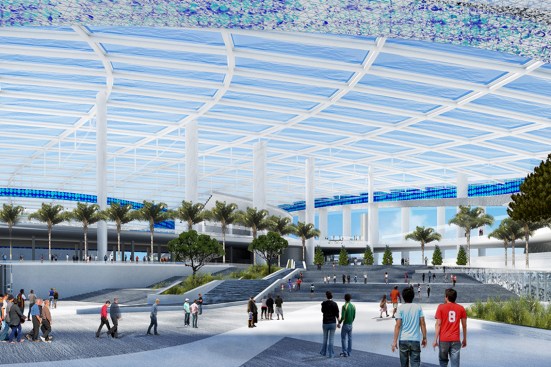 The stadium's ETFE roof covers a pedestrian plaza and is open along the edges.