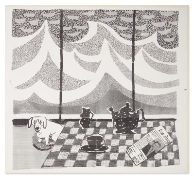 "Breakfast with Stanley in Malibu" (1989), fax print on paper 8 1/2 x 14" each of 24 51 x 56"