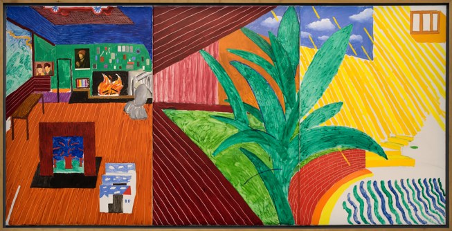 "Hollywood Hills House" (1981-1982), oil, charcoal, and collage on canvas 60" x 120"