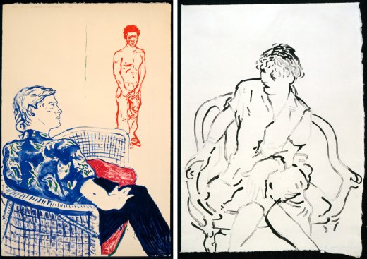 Left:  "Joe with David Harte" (1979), lithograph, 47 1/4" x 31 5/8". RIght: Lithography "Celia Inquiring" (1979), lithograph 40" x 29"