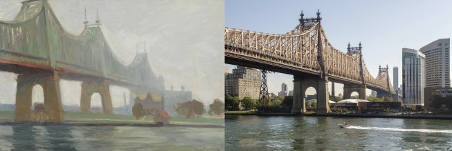 Left to right: Edward Hopper, Queensborough Bridge, 1913. Oil on canvas, 25 7/8 × 38 1/8 in. (65.7 × 96.8 cm). Whitney Museum of American Art, New York; Josephine N. Hopper Bequest 70.1184. © 2022 Heirs of Josephine N. Hopper/Licensed by Artists Rights Society (ARS), New York; View of Queensboro Bridge looking towards Roosevelt Island, New York, 2022. Photograph by Timothy Schenck