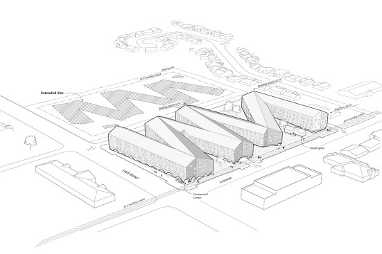 This Housing Northwest Arkansas Competition submission proposes reorienting a conventional mid-rise, mixed-use block into a zigzag to address the shortage of affordable housing in Bentonville, Ark.