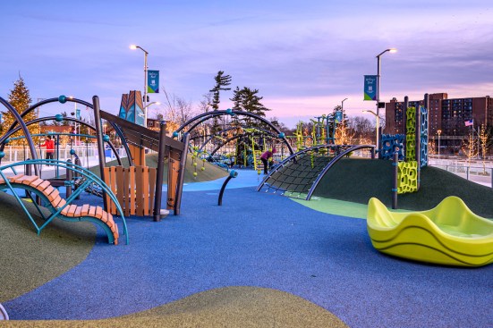 The ADA accessible, state-of-the-art playground has more than 13,000 square feet of both innovative and traditional playground equipment. The playground is located within the ice trail footprint and has various levels of terrain.