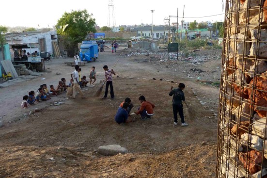 Students create a makeshift theater on site.