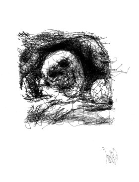 An example drawing by one of Tresset's robots, with signature.