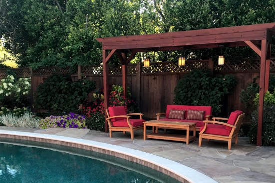 Metamorphosis Landscaping creates intimate spaces utilizing luscious plantings and beautiful Humboldt Redwood timber–constructed pergolas and shade structures.