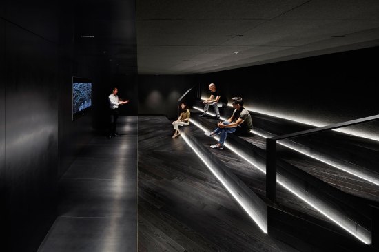 A screening room adjacent to the hall is designed as a black box with a minimum number of downlights and accents at the bench risers to enhance the design.